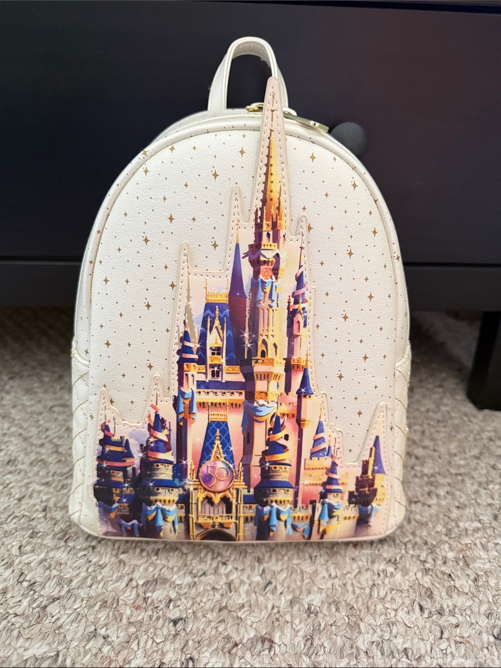 LIMITED EDITION 50th Loungefly Cream Mini Backpack with Colorful Castle Print